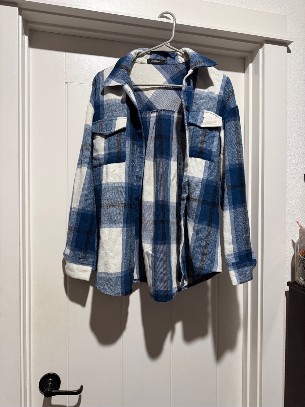 Women's Blue & White Plaid Shacket Jacket - Casual Layering